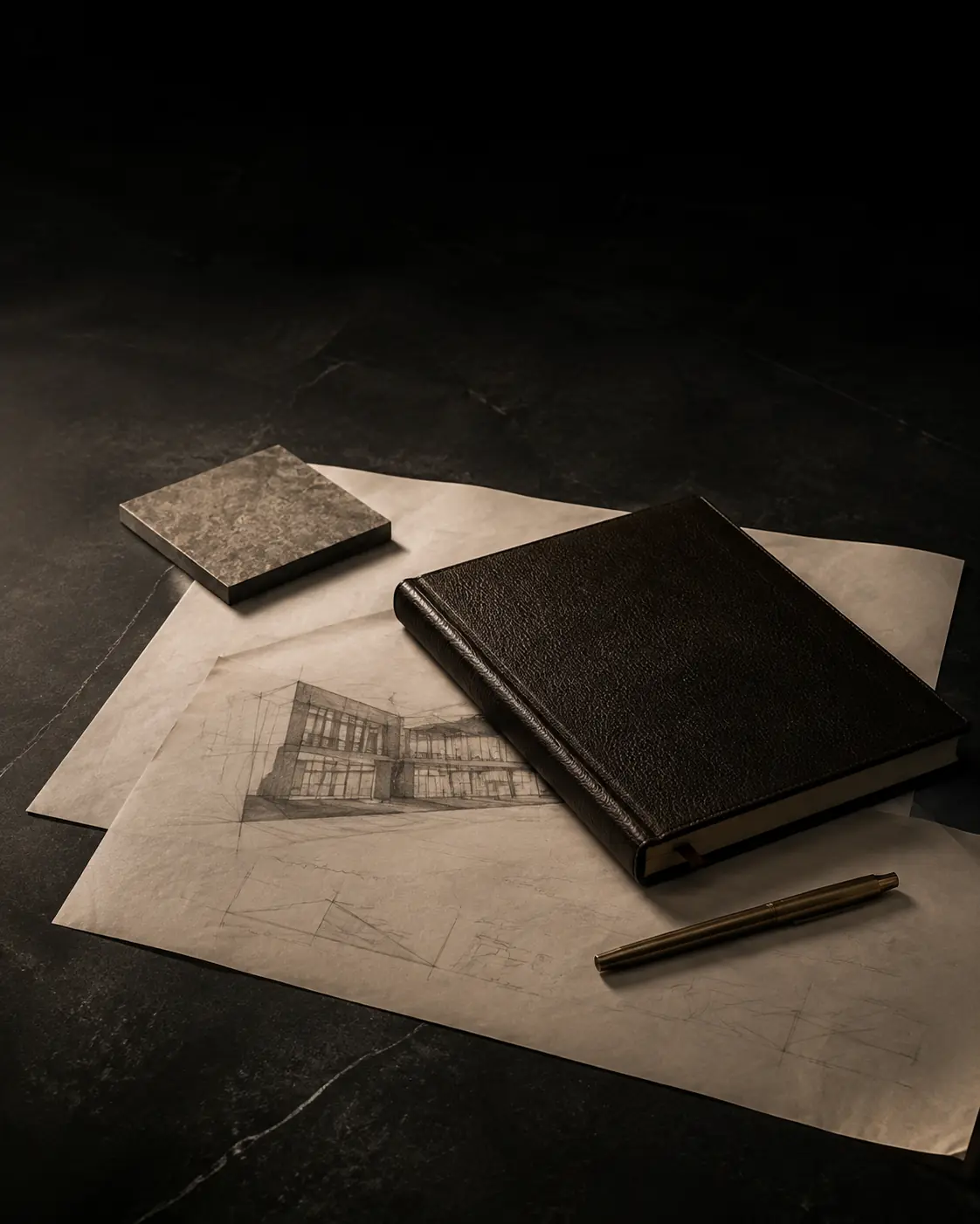 Dark strategy desk with architectural plans and an advisory ledger